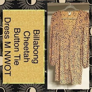 M - Billabong Cheetah Button Tie Mini Dress V Neck Button front NWOT